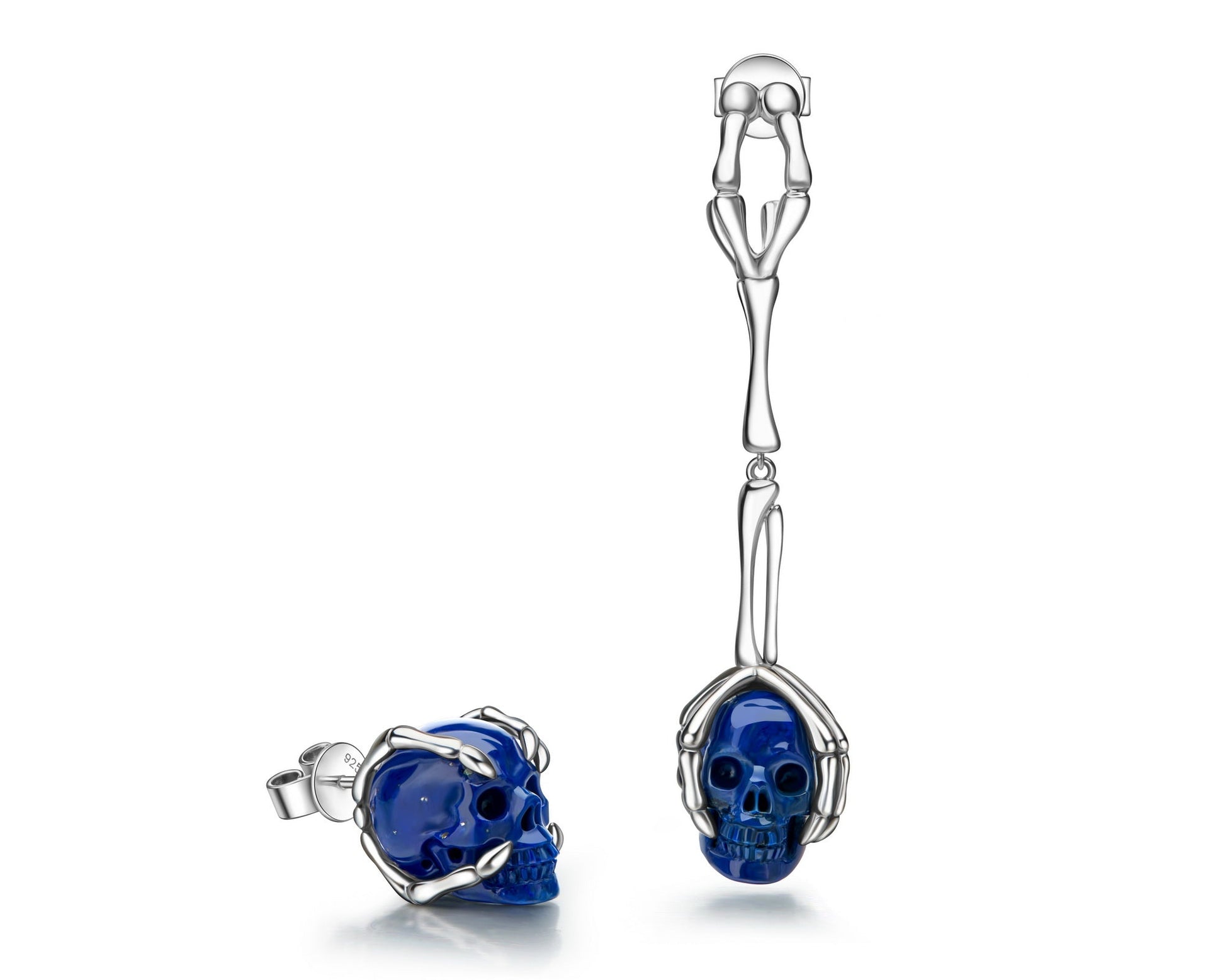 Gem Skull Earrings Of Lapis Lazuli Carved Skull In 925 Sterling Silver
