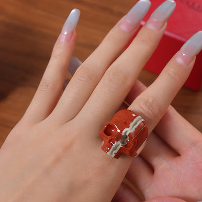 Skullis Signature Red Jasper Gem Skull Ring, Hand Carved, Sterling Silver, for Women & Men