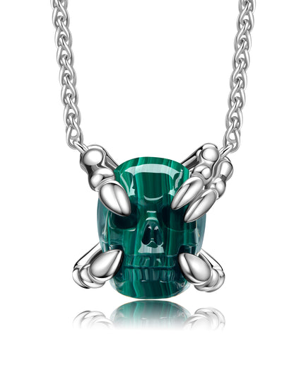 Gem Skull Pendant Necklace of Malachite Carved Skull with Sterling Silver Finger Bones