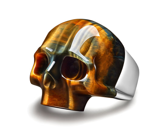 Skullis Signature Blue & Gold Tiger's Eye Gem Skull Ring, Hand Carved, Sterling Silver, for Women & Men