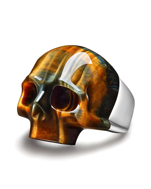 Skullis Signature Blue & Gold Tiger's Eye Gem Skull Ring, Hand Carved, Sterling Silver, for Women & Men