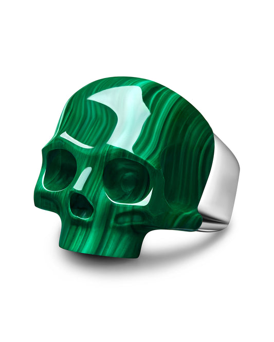 Skullis Signature Malachite Gem Skull Ring, Hand Carved, Sterling Silver, for Women & Men