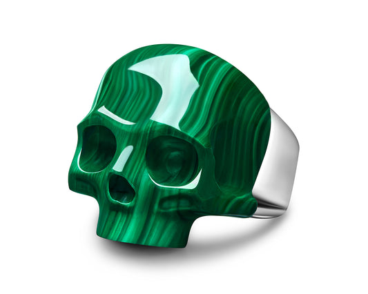 Skullis Signature Malachite Gem Skull Ring, Hand Carved, Sterling Silver, for Women & Men