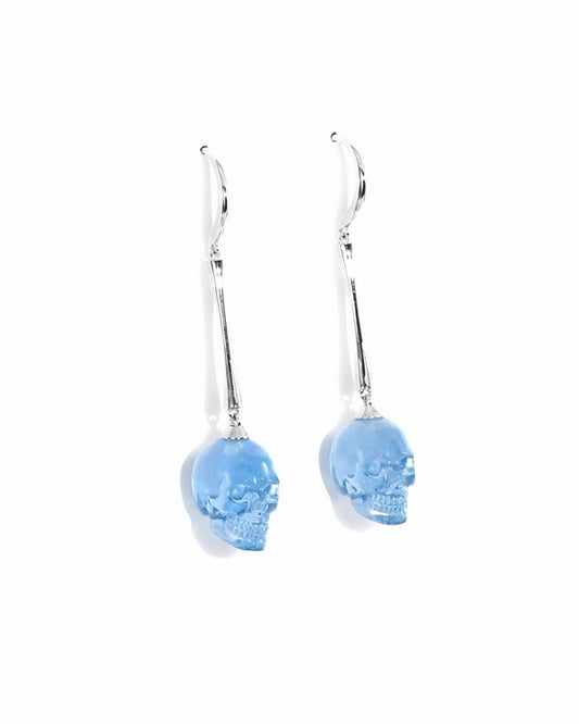Skull Gem Earrings of Aquamarine Carved Skull, 925 Sterling Silver