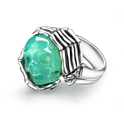 Gem Skull Ring of Chrysoprase Carved Skull with Silver Skeletal Hands in 925 Sterling Silver Skull Rings