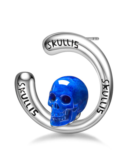 Gem Skull Earrings of Lapis Lazuli Carved Skull in 925 Sterling Silver