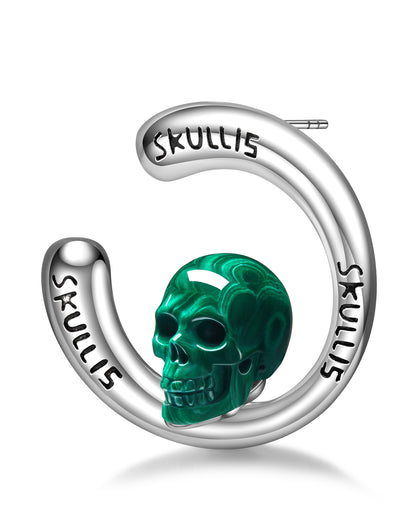 Gem Skull Earrings of Malachite Carved Skull in 925 Sterling Silver