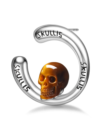 Gem Skull Earrings of Gold Tiger's Eye Carved Skull in 925 Sterling Silver