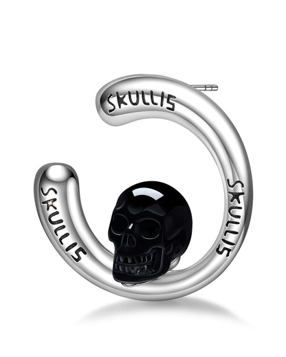 Gem Skull Earrings of Black Obsidian Carved Skull in 925 Sterling Silver