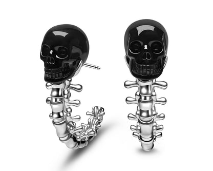 Gem Skull Earrings of Black Obsidian Carved Skull with 925 Sterling Silver Spines