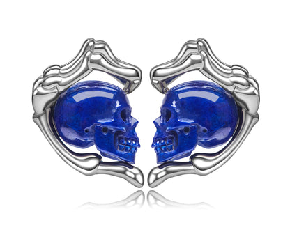 Gem Skull Earrings of Lapis Lazuli Carved Skull with 925 Sterling Silver Hand Bones