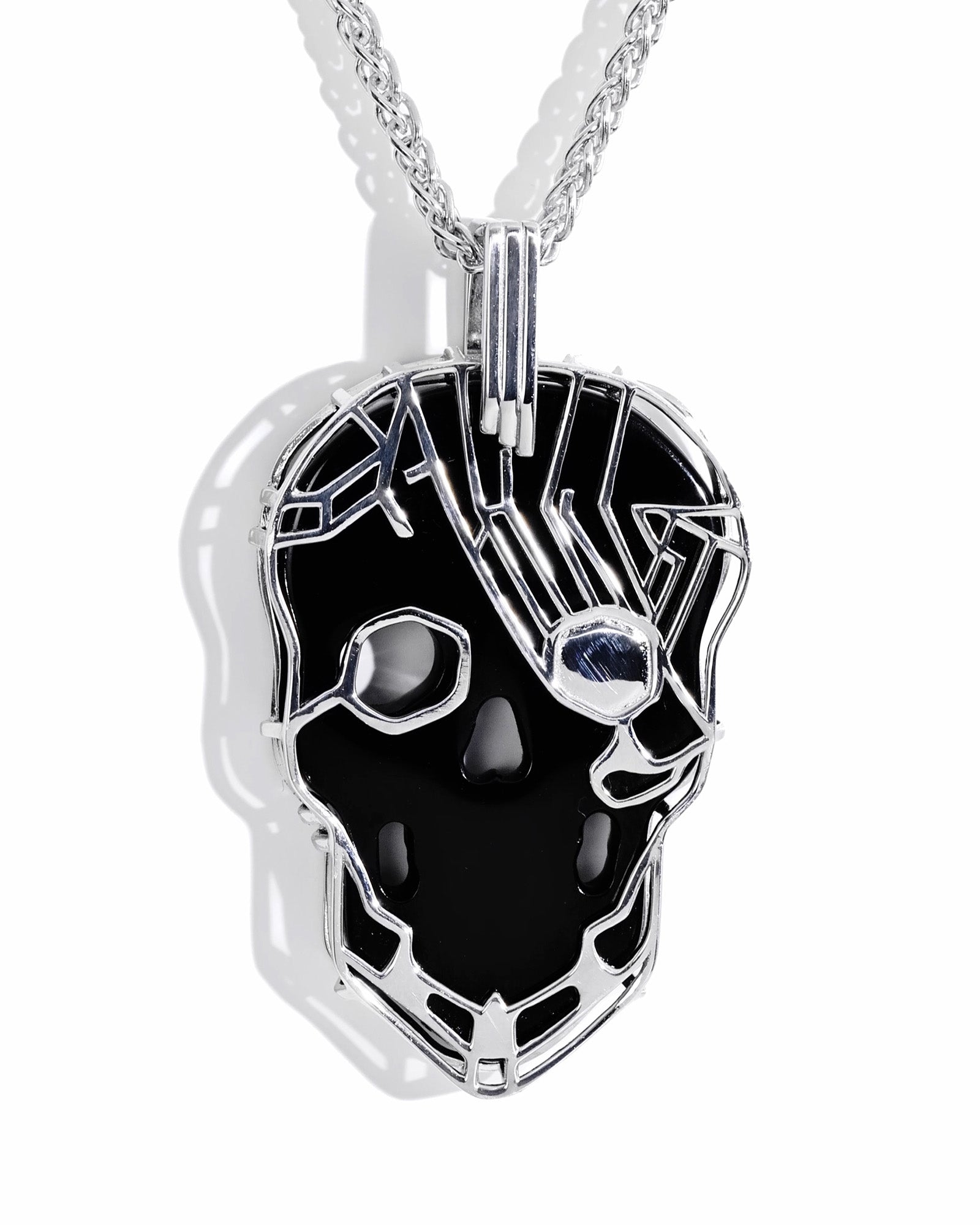 Gem Skull Pendant Necklace of Black Obsidian Carved Skull in 925 Sterling Silver -S0001730