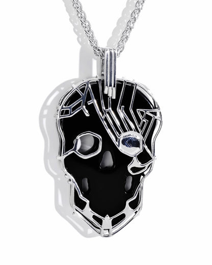 Gem Skull Pendant Necklace of Black Obsidian Carved Skull in 925 Sterling Silver -S0001730