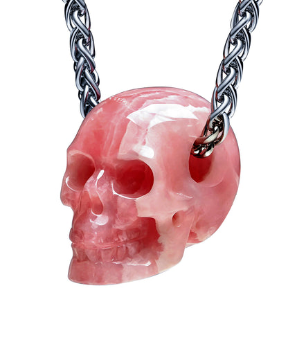 Minimalist Skull Pendant - 0.6" Rhodochrosite Gem Skull Pendant or Necklace, Hand Carved, for Women & Men