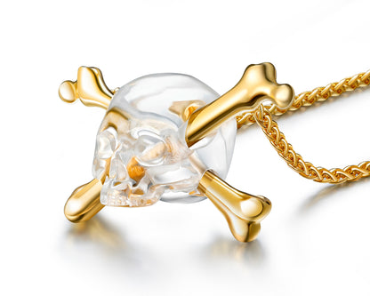 Gem Skull Pendant Necklace of Quartz Rock Crystal Carved Skull with Double Bones in 18K Gold-Plated 925 Sterling Silver