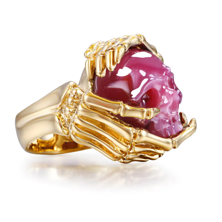 Gem Skull Ring Of Ruby Carved Skull With Skeletal Hands In 18K Gold-Plate Silver Skull Rings