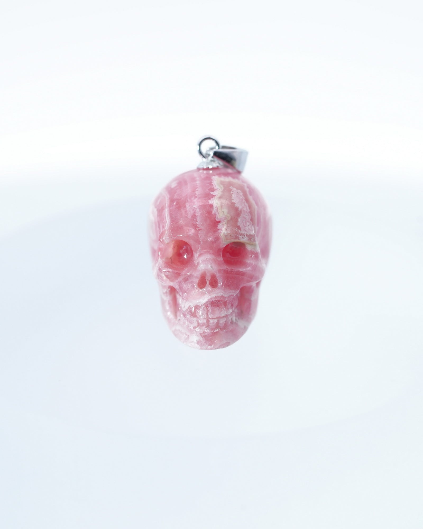 Gem Skull Pendant Necklace of Rhodochrosite Carved Skull with Silver Bail in Sterling Silver-0500044 Skull Pendants