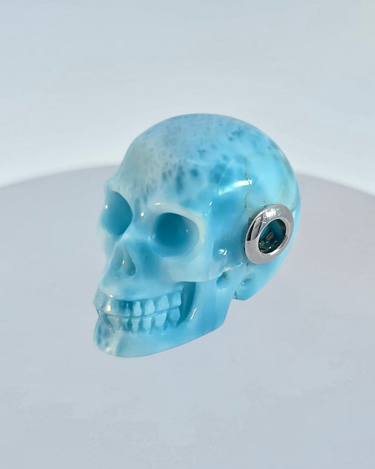 Skullis Signature Larimar Gem Skull Pendant or Necklace, Hand Carved, Sterling Silver .925 Chain, for Women & Men - 0506522