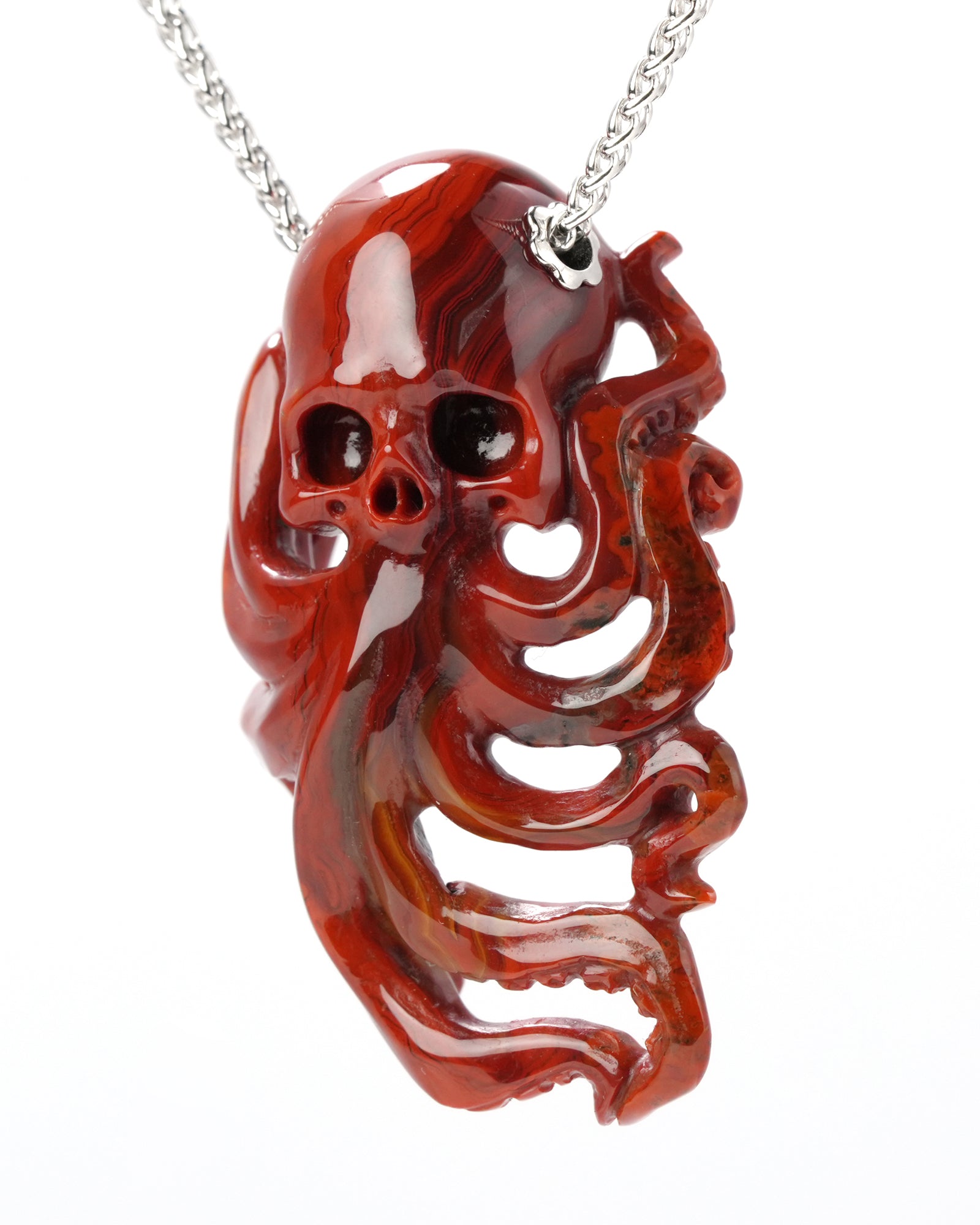 Skullis Signature Red Crazy Lace Agate Gem Skull Pendant Or Necklace Hand Carved Sterling Silver