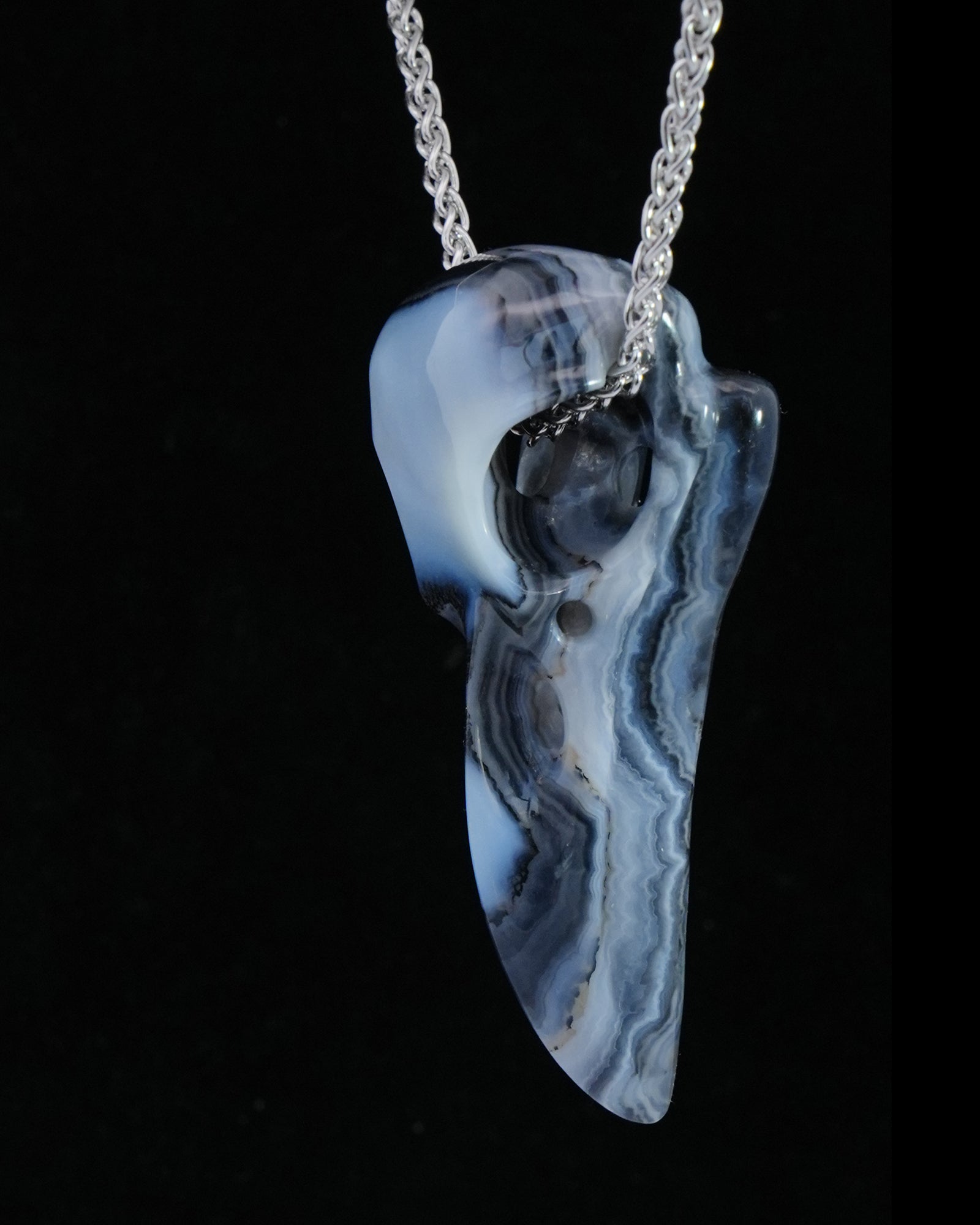 Gem Raven Skull Pendant Necklace of Gray & White Agate Crystal Raven Pendant - 9800166 Skull Pendants