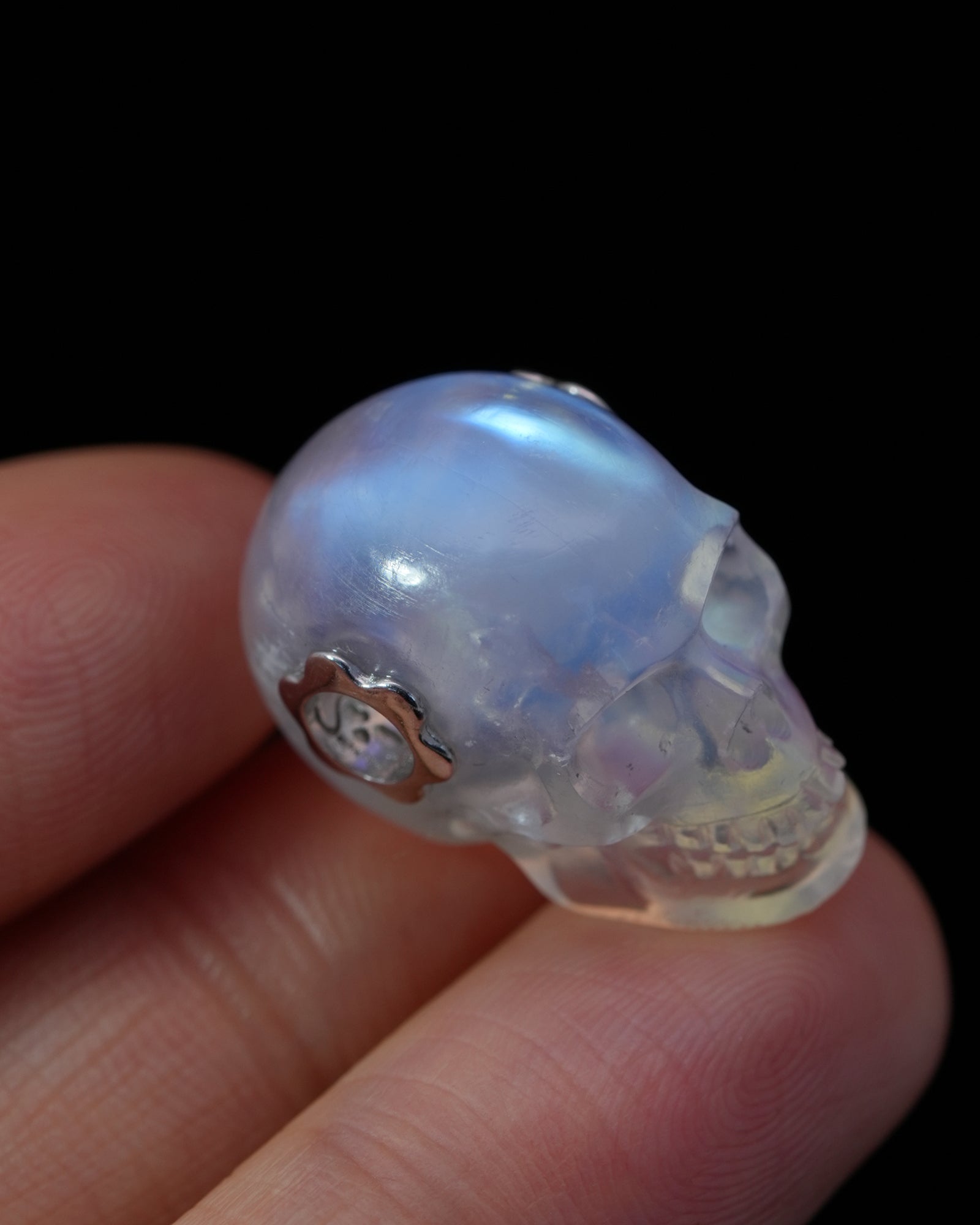 Skullis Signature Moonstone Gem Skull Pendant or Necklace Hand Carved Sterling Silver 925 Chain for Women & Men