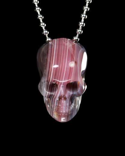 Gem Skull Pendant Necklace of Mozambique Agate Carved Hollow Skull with 925 Silver Chain - 9900091