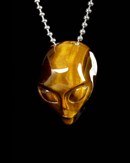 Gem Skull Pendant Necklace of Gold Tiger's Eye Carved Hollow Alien with 925 Sterling Silver Chain - 9900193