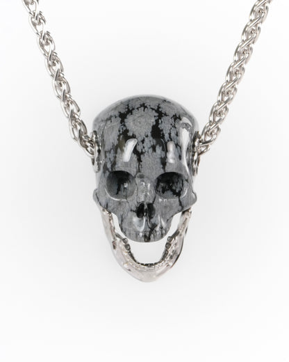 Gem Skull Pendant Necklace of Snowflake Obsidian Hand Carved Skull with Movable Jaw in 925 Sterling Silver - ZR19900270