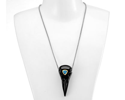 Gem Raven Pendant Necklace of Black Obsidian Crystal Raven with Blue Sky Topaz Eye