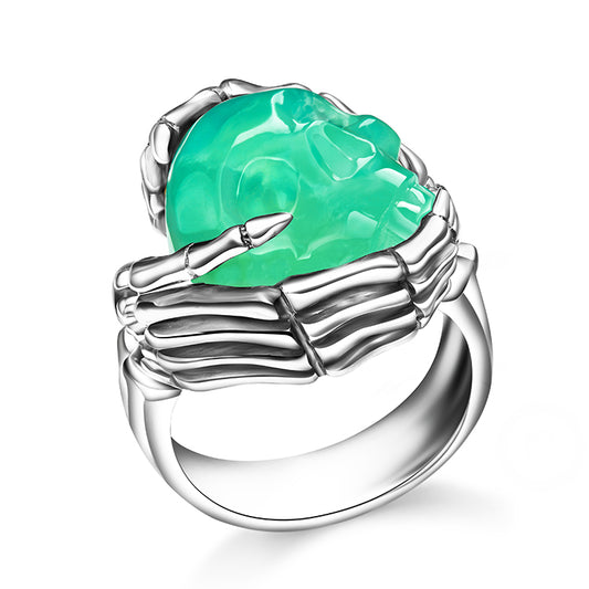 Gem Skull Ring of Chrysoprase Carved Skull with Silver Skeletal Hands in 925 Sterling Silver