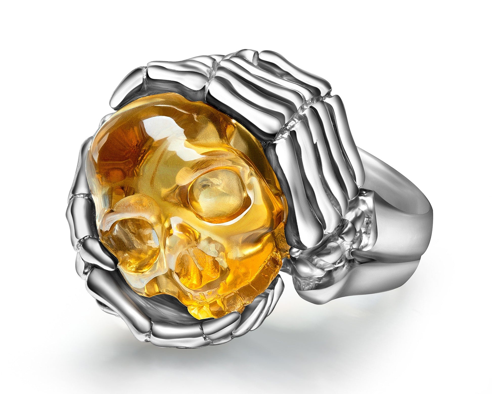 Gem Skull Ring of Citrine Carved Skull with Silver Skeletal Hands in 925 Sterling Silver Skull Rings