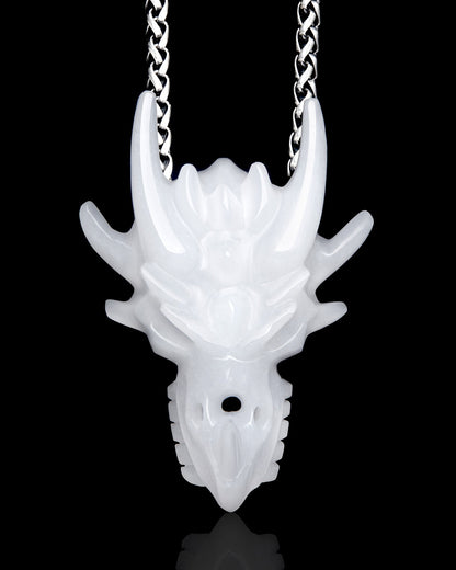 Gem Skull Pendant Necklace of White Jade Carved Dragon Skull Skull Pendants