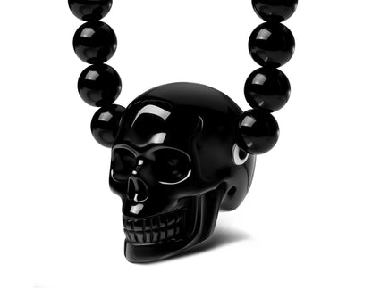 Gem Skull Pendant Necklace of Black Obsidian Carved Skull and Beads
