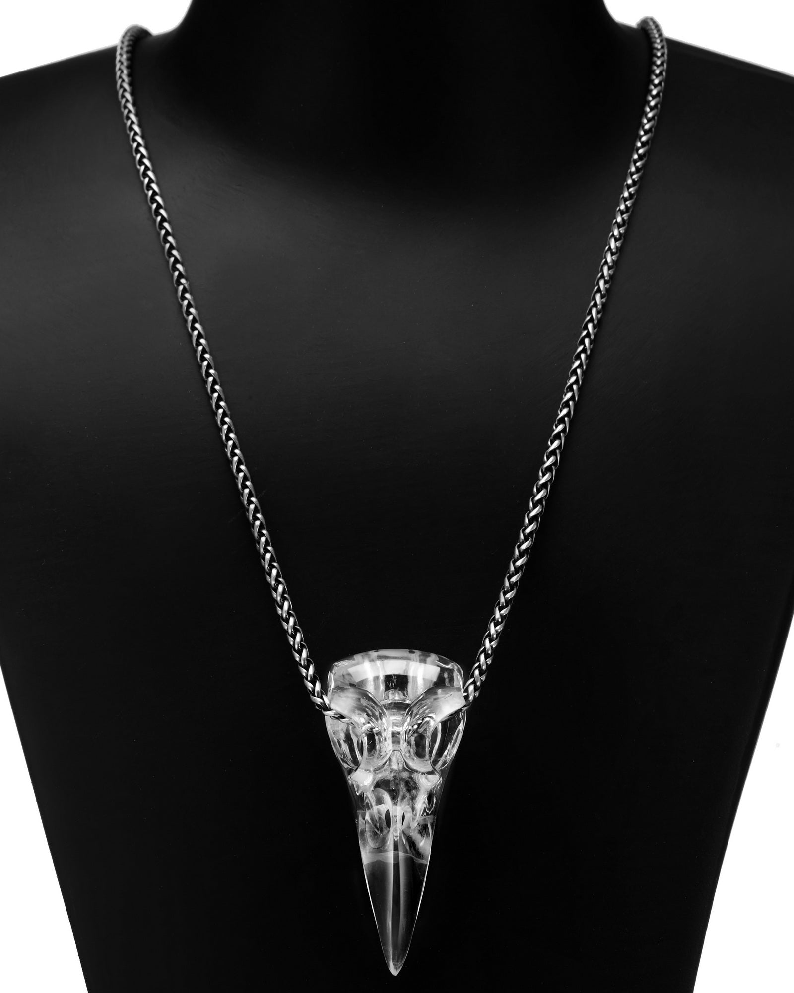Gem Raven Pendant Necklace Of Quartz Rock Crystal Carved Raven