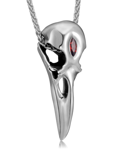 Raven Skull Pendant Necklace of 925 Sterling Silver with Garnet Inlay