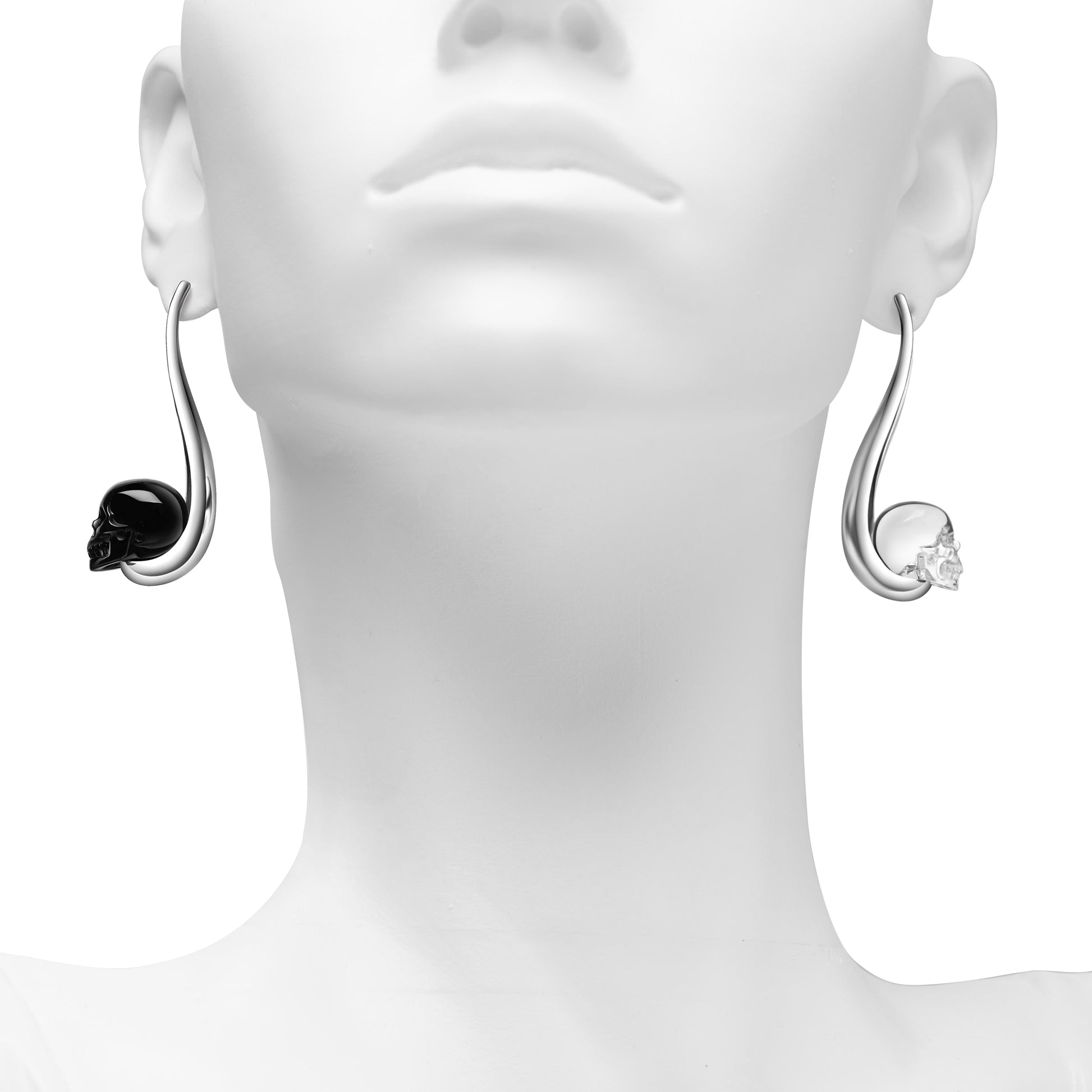 Gem Skull Earrings Of Black Obsidian & Quartz Rock