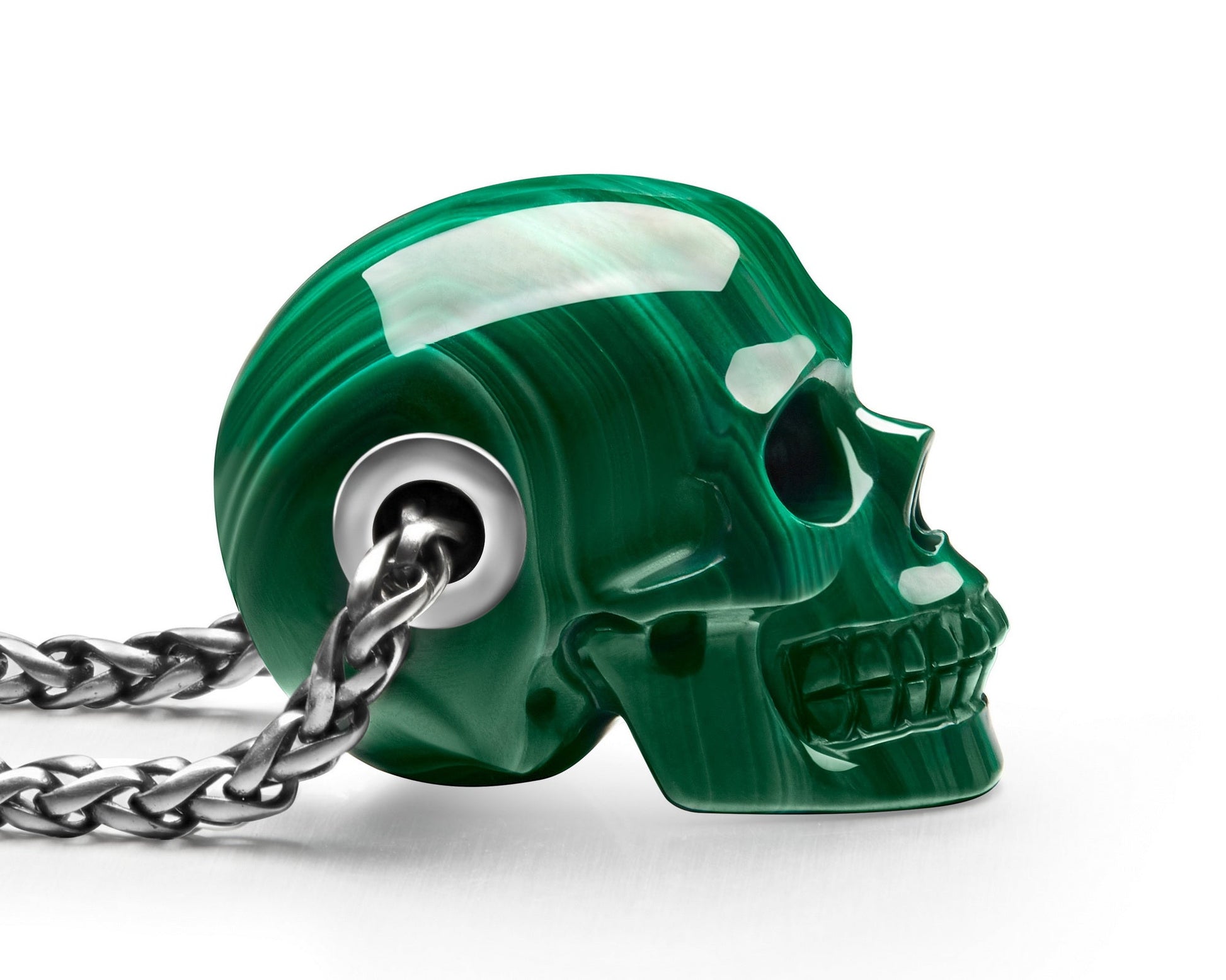 Gem Skull Pendant Necklace Of Malachite Carved Skull In 925 Sterling Silver