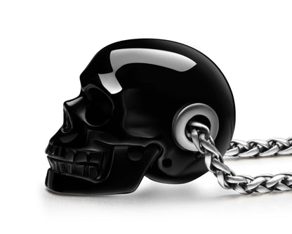 Skullis Signature Black Obsidian Gem Skull Pendant or Necklace, Hand Carved, Sterling Silver 925 Chain, for Women & Men