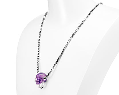 Gem Skull Pendant Necklace of  Amethyst Crystal Carved Skull with Detachable Silver Jaw in Sterling Silver