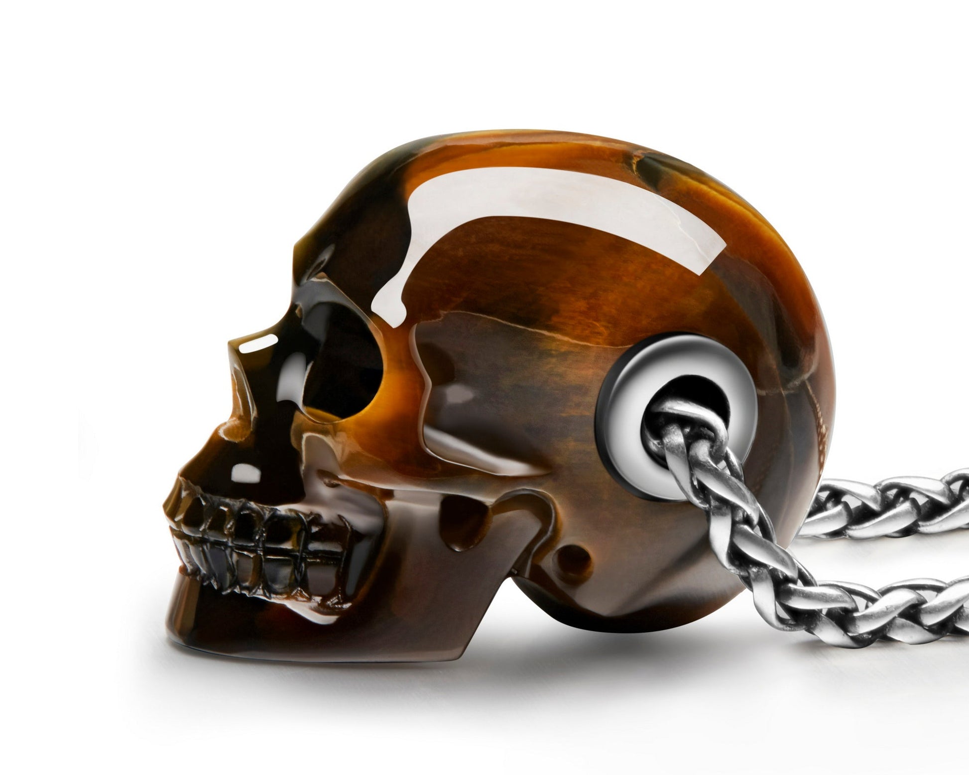 Gem Skull Pendant Necklace Of Blue & Gold Tiger’s Eye Carved Skull Skull Pendants