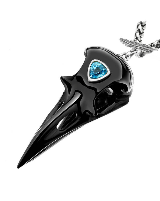 Gem Raven Pendant Necklace of Black Obsidian Carved Raven with Blue Sky Topaz Eye