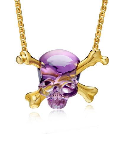 Gem Skull Pendant Necklace of Amethyst Carved Skull with Crossbones in 18K Gold-Plated 925 Sterling Silver