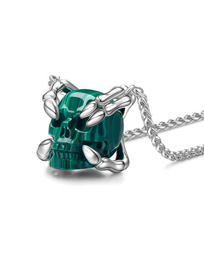 Gem Skull Pendant Necklace of Malachite Carved Skull with Sterling Silver Finger Bones