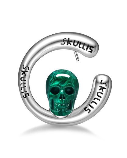 Gem Skull Earrings of Malachite Carved Skull in 925 Sterling Silver