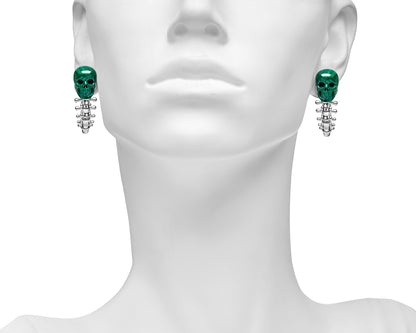 Gem Skull Earrings of Malachite Carved Skull with 925 Sterling Silver Spines