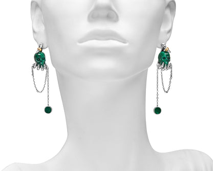Gem Skull Earrings of Malachite Carved Skull with 925 Sterling Silver Hand Bones