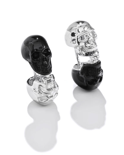 Gem Skull Earrings of Black Obsidian Carved Skull in 925 Sterling Silver -S0001715 Skull Earrings