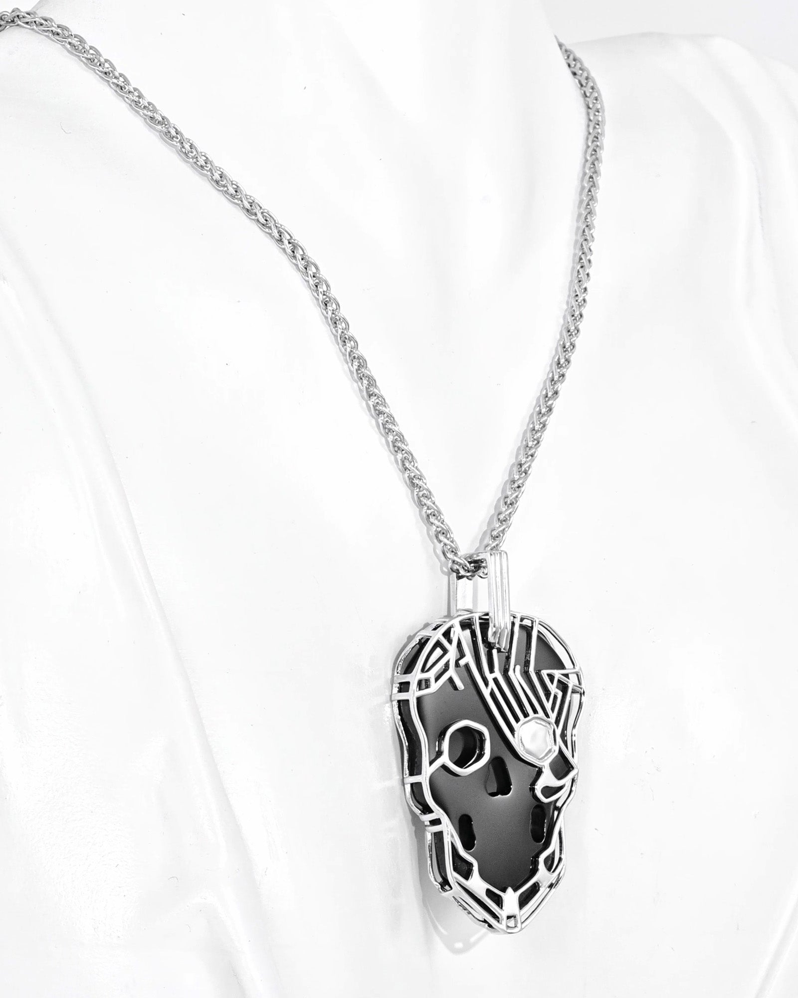 Gem Skull Pendant Necklace of Black Obsidian Carved Skull in 925 Sterling Silver -S0001730