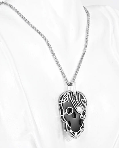 Gem Skull Pendant Necklace of Black Obsidian Carved Skull in 925 Sterling Silver -S0001730