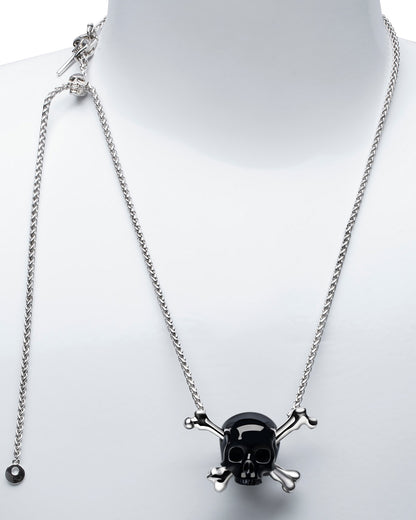 Gem Skull Pendant Necklace of Black Obsidian Skull Carved with Crossbones in Sterling Silver